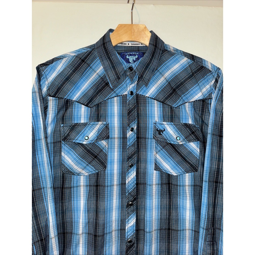 Cowboy Hardware Men's Large LS Shirt Pearl Snap Black/Blue Rodeo Western